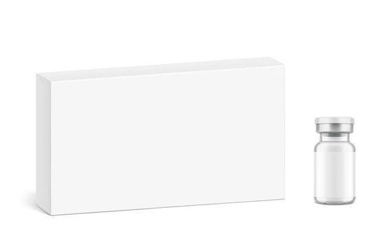 Clear glass medical injection bottle with paperboard box mockup set for vaccination, medicine branding, cosmetics packaging design. 3D hight vector illustration isolated on white background. EPS10.