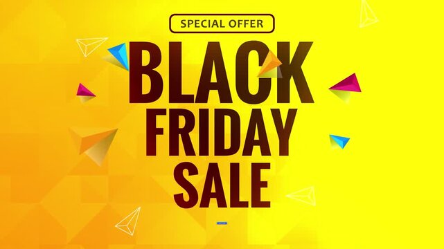Vibrant Black Friday sale banner with special offer text and geometric shapes on a yellow gradient background for promotional marketing