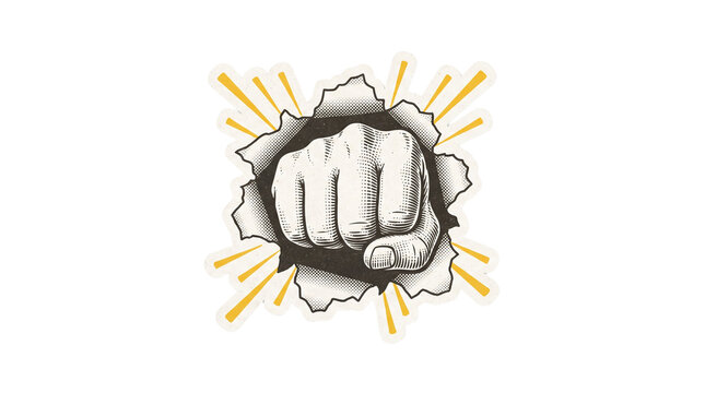 Retro comic fist punching paper isolated on transparent background png