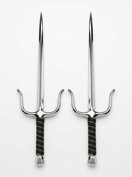 Pair of Traditional Japanese Sai Martial Arts Weapons Isolated on White Background - Chrome Finished Okinawan Kobudo Daggers