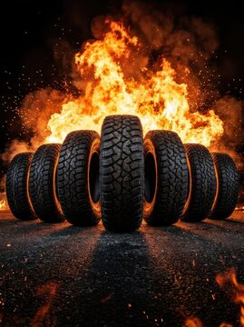 Set of Heavy Duty All-Terrain Vehicle Tires with Intense Burning Fire and Sparks Background