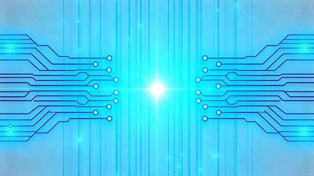 Symmetrical blue circuit board lines with nodes on white background