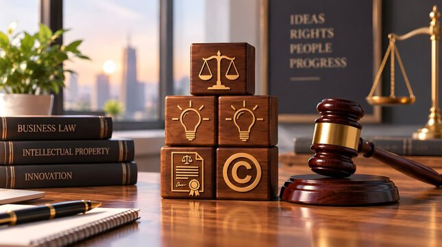 Conceptual representation of intellectual property and business law featuring wooden blocks with icons, a judge's gavel, and legal books on a desk overlooking a modern city skyline at sunset.