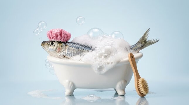 Humorous Surreal Concept of a Fish Wearing a Pink Shower Cap Taking a Bubble Bath in a Miniature White Bathtub