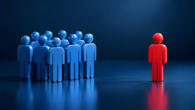 Unique red human figure standing apart from blue group, symbolizing leadership and individuality in a minimalist 3D conceptual style on a dark background.