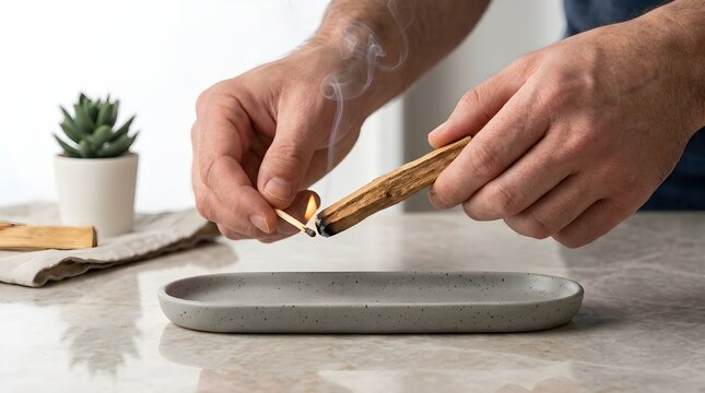 Hands carefully lighting a fragrant incense stick with a match as part of a modern Balinese lifestyle routine, creating a peaceful and mindful atmosphere in a bright minimalist setting.