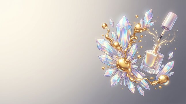 A fantasy illustration of iridescent crystals surrounded by swirling golden liquid and an open nail polish bottle with sparkles.