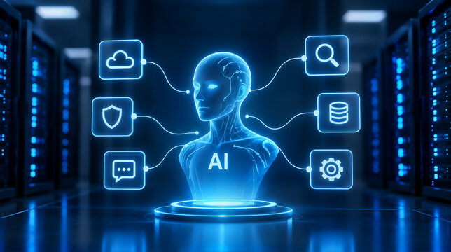 Futuristic AI hologram in a server room featuring cloud, security, and database icons, illustrating advanced machine learning and digital connectivity.