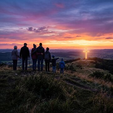 A multigenerational family silhouette stands on a hillside gazing at a glowing cross during a colorful sunset, symbolizing faith.