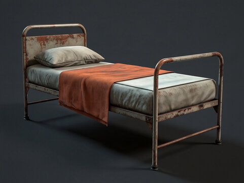 An old, rusty hospital bed with a thin mattress and a faded orange blanket, hinting at a somber past