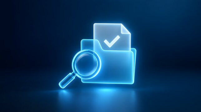 Glowing blue digital folder icon with magnifying glass and checkmark document representing data search, file verification, and secure information management in a high-tech holographic style.