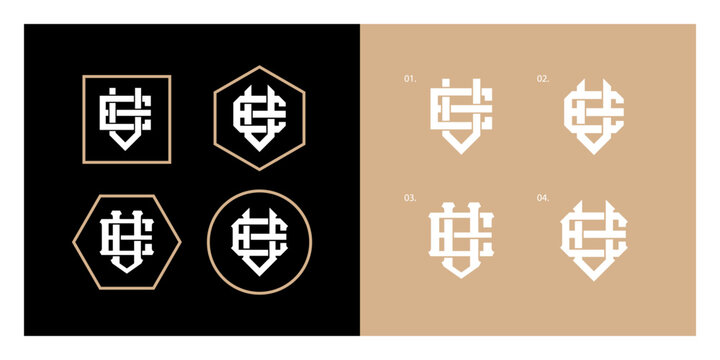Set of athletic monograms featuring letters EV VE in geometric frames on black and tan backgrounds.
