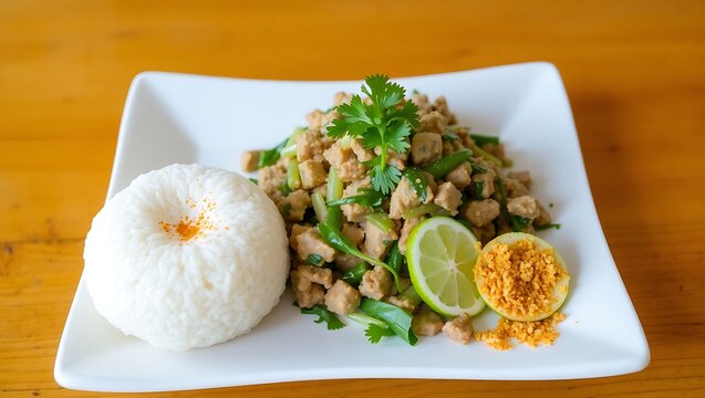 Lao larb minced meat salad with herbs, lime, and toasted rice powder, plated neatly with sticky rice ball