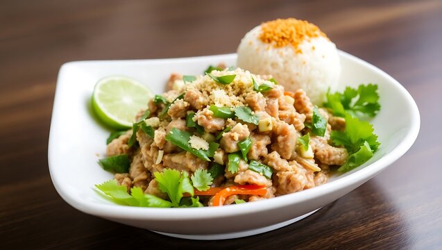 Lao larb minced meat salad with herbs, lime, and toasted rice powder, plated neatly with sticky rice ball