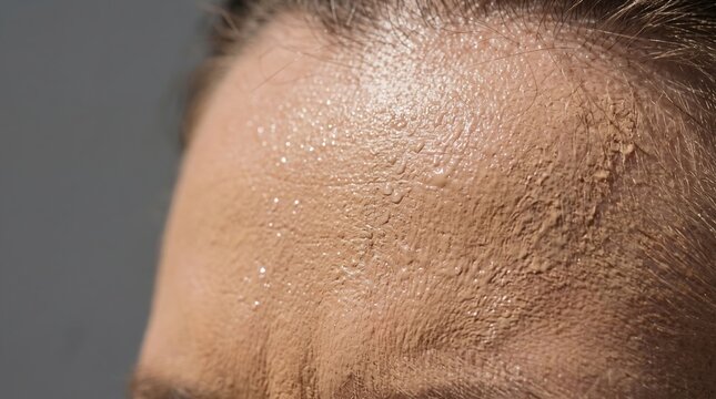 Macro Shot of Clumpy Cakey Foundation Powder on Dry Forehead Skin