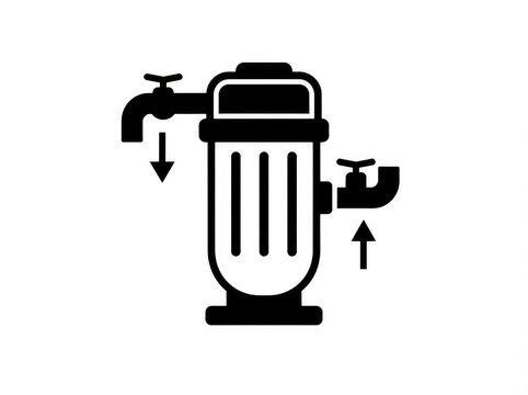 Greywater filter vector icon showcasing a filtration system with intake and outflow valves, designed for sustainable water management and eco-friendly plumbing concepts