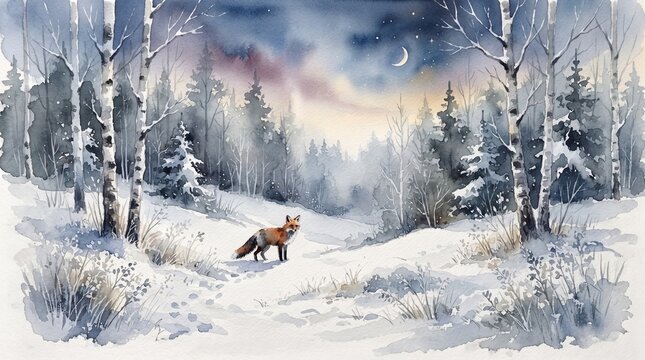 Watercolor art Red fox standing in a snowy forest landscape under a crescent moon