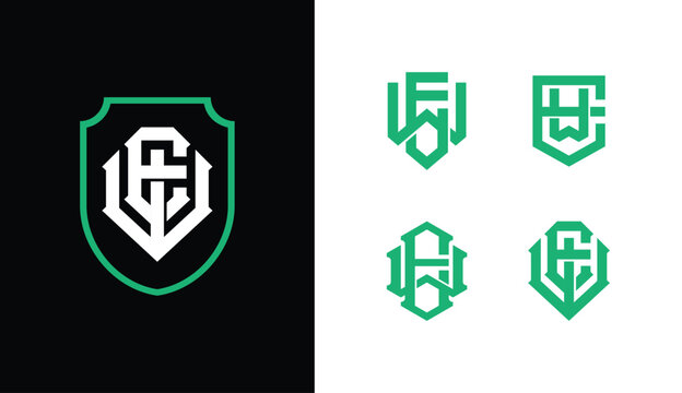Vintage athletic monogram logo set featuring letters EW WE in green shield crests.