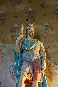 Close-up statue of Saint Maurice in armor with a spear, Gers, Saint Georges, France