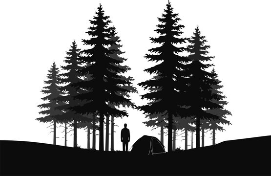 Silhouette of camper with tent in pine forest landscape, peaceful outdoor adventure scene with tall evergreen trees, nature camping illustration isolated on white background