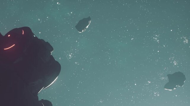 Two floating objects are seen in a dark sky filled with stars. A figure stands below looking up at the stars and objects. The scene shows a clear view of the night sky.