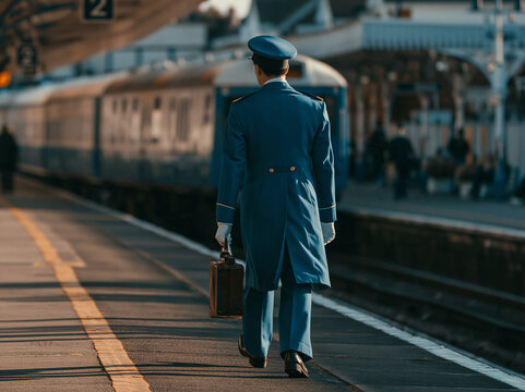 A train conductor walking down a platform with a suitcase, the train is in the background
