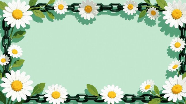 White daisies with green leaves frame mint green background. Dark chain links weave through floral border creating natural yet strong visual contrast. This offers ample copy space for text and design.