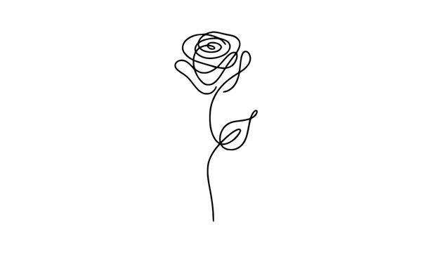 Minimalist continuous line art single stem rose flower outline vector illustration in simple hand drawn style
