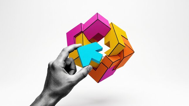 A halftone printed hand places an orange puzzle piece into a colorful three dimensional geometric puzzle, symbolizing problem solving.