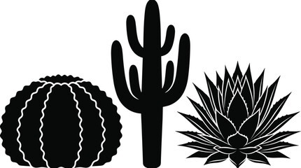 Set of black desert cactus silhouettes featuring saguaro, barrel cactus, and succulent plants © MdOsiar