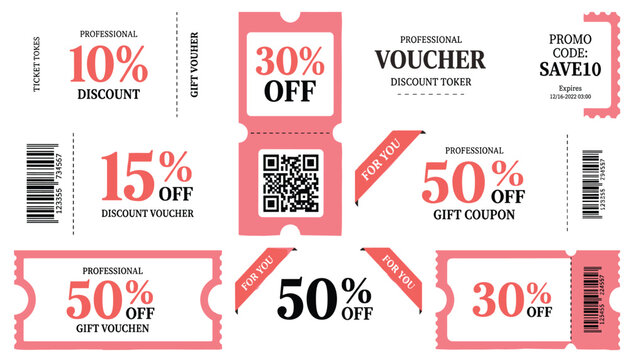 Discount voucher and coupon ticket vector template set featuring promotional codes barcode and pink elements