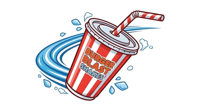 Cartoon illustration of a tilted milkshake cup with striped design, curly straw, ice cubes and blue swirl motion effect, concept of fast food beverage and diner drink