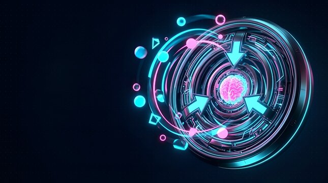 Abstract 3D futuristic human brain visualization with glowing neon rings and data arrows, symbolizing artificial intelligence, deep learning, and advanced digital neural networks.