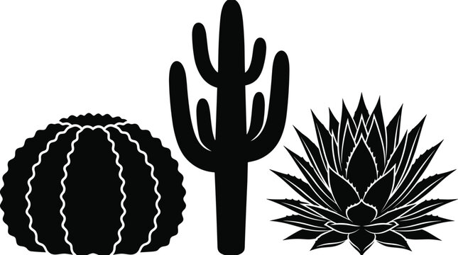 Set of black desert cactus silhouettes featuring saguaro, barrel cactus, and succulent plants