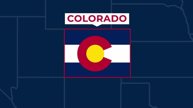 Satellite map animation of Colorado, USA. Blinking territory, state flag, pinned name, red outline of the border. Concept for broadcast, social media, education. 