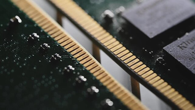 Macro Close Up of DDR4 RAM Gold Contacts with Shifting Colorful Light