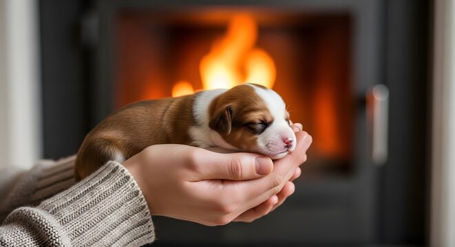 Tiny puppy sleeping in human hands held near a warm cozy fireplace
