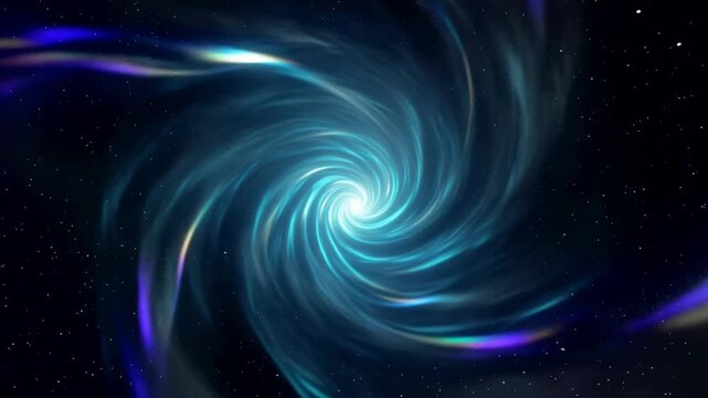 Swirling blue and white vortex in space with bright light beams creating a dynamic visual effect, showcasing the continuous motion of cosmic energy and light
