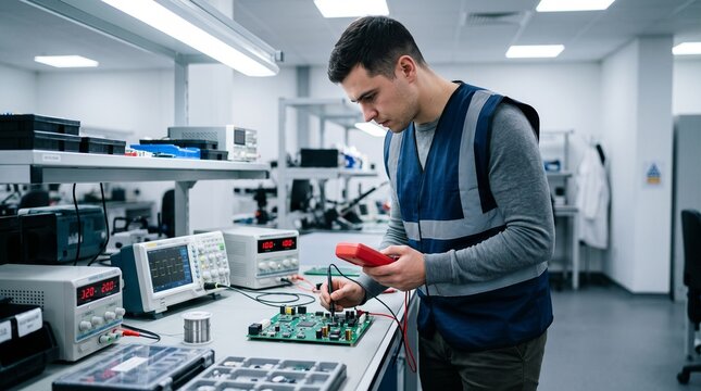 Male engineer testing an electronic circuit in a technical laboratory