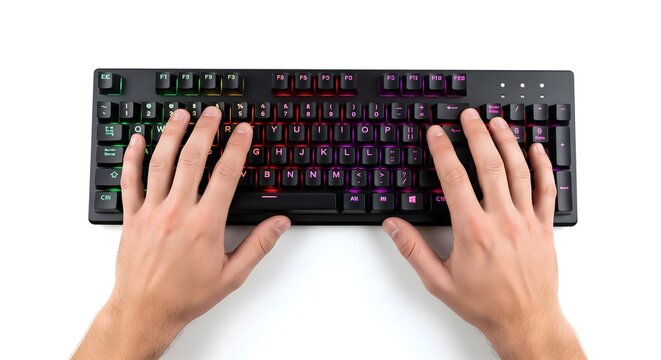 Top view of human hands typing on an illuminated mechanical keyboard