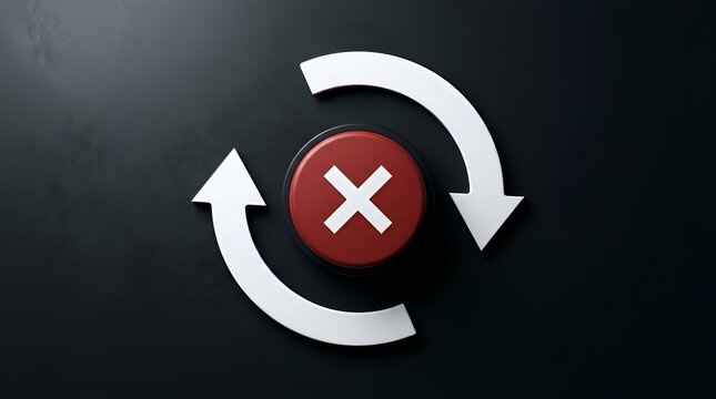 3D render of a red cancel button with a white X mark and circular reload arrows on a dark background, symbolizing system reset, error correction, or process synchronization concepts.