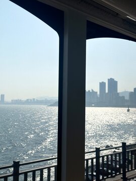 Sea view through a train window 