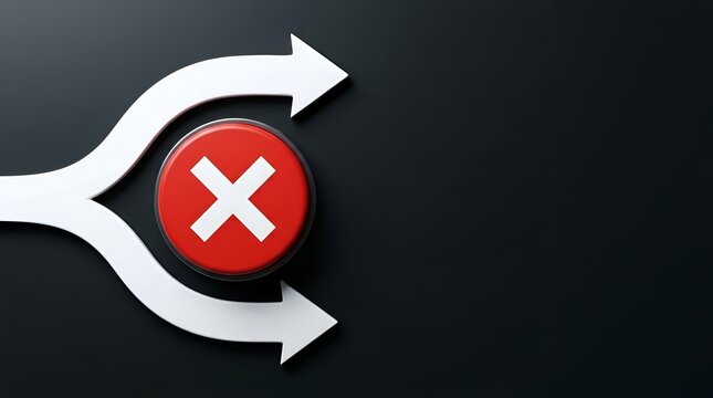 Minimalist 3D red button with X mark and diverging arrows on dark background, symbolizing decision making, rejection, and alternative path selection.