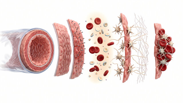 Exploded 3d diagram showing stages of blood coagulation and clot formation in blood vessel