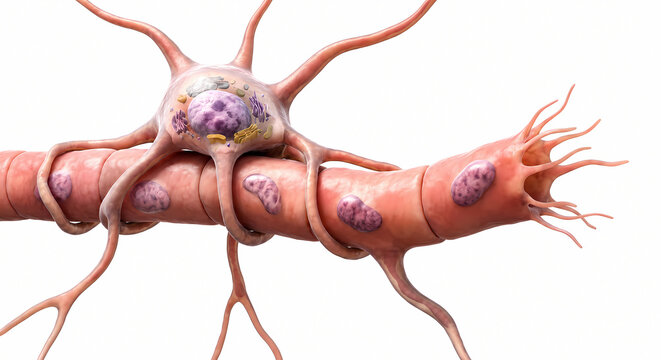 Microscopic 3d render of neuron soma attached to myelinated nerve fiber segment