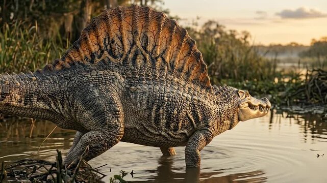 A large realistic brown spinosaurus dinosaur with a sail on its back wading through a shallow muddy river in a prehistoric swamp environment during a warm cinematic golden hour sunset