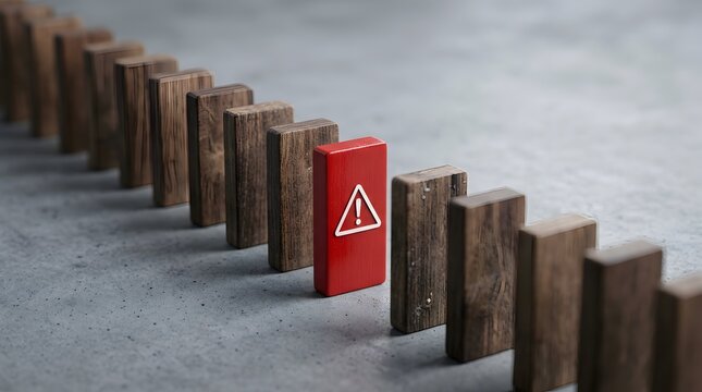 Conceptual image of a red wooden block with a warning symbol in a row of dominoes, representing risk management, business crisis prevention, and problem identification.