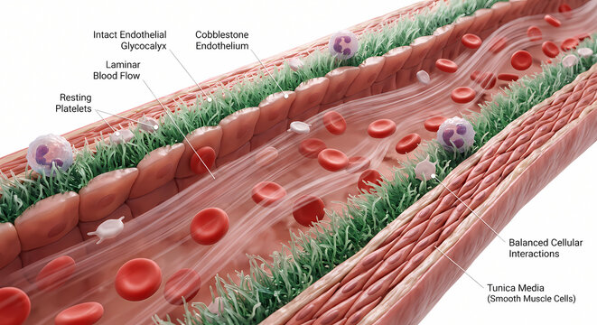Anatomical 3d diagram showing intact endothelial glycocalyx layer with laminar blood flow