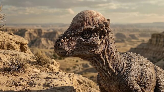 Juvenile Pachycephalosaurus Standing in a Rocky Prehistoric Canyon Landscape with Detailed Scaly Skin Large Expressive Eyes and Ancient Terrain in a Realistic Mesozoic Wildlife Survival Concept Artwor