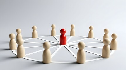 Obraz premium Red wooden figure at center of connected network representing leadership and social organization structure.